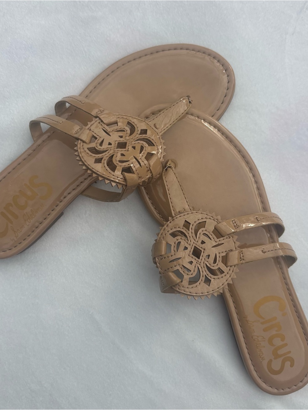 Sam Edelman Nude Patent Leather Medallion Thong Sandals